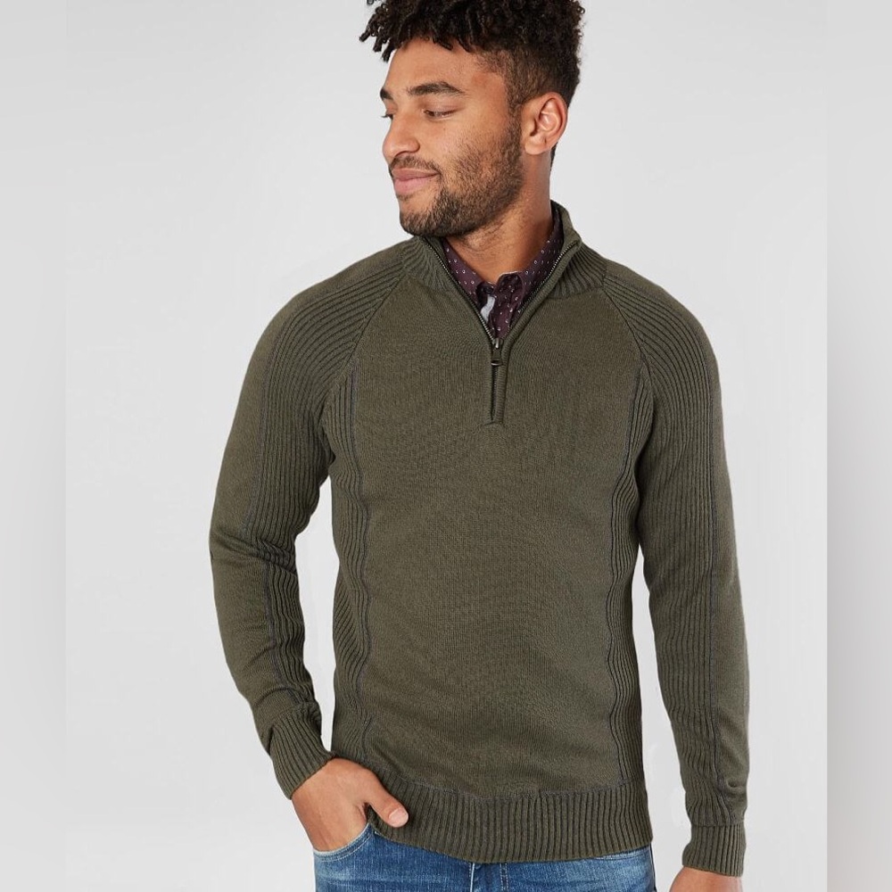 BKE Buckle Men’s 1/4 zip Olive Green Knit Pullover Sweater, Ribbed, Size Medium
